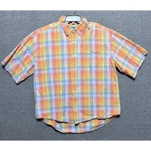VTG Raider Mens XL Shirt Orange Plaid SS Button Up Retro